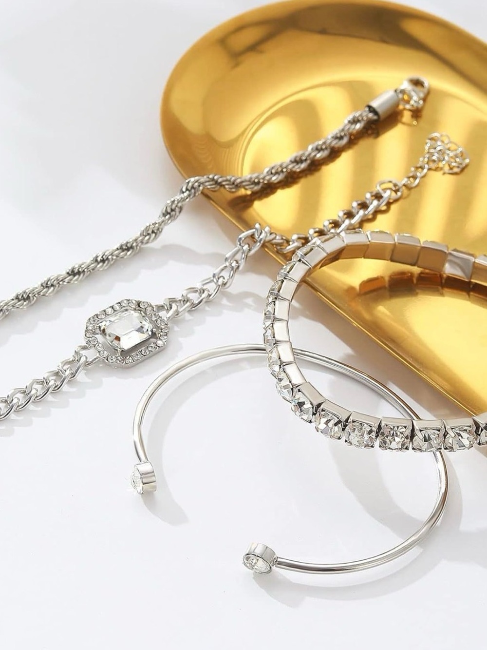 Crystal Accented Silver Bracelet Stack - Women's Layered Set - Picture 5 of 6